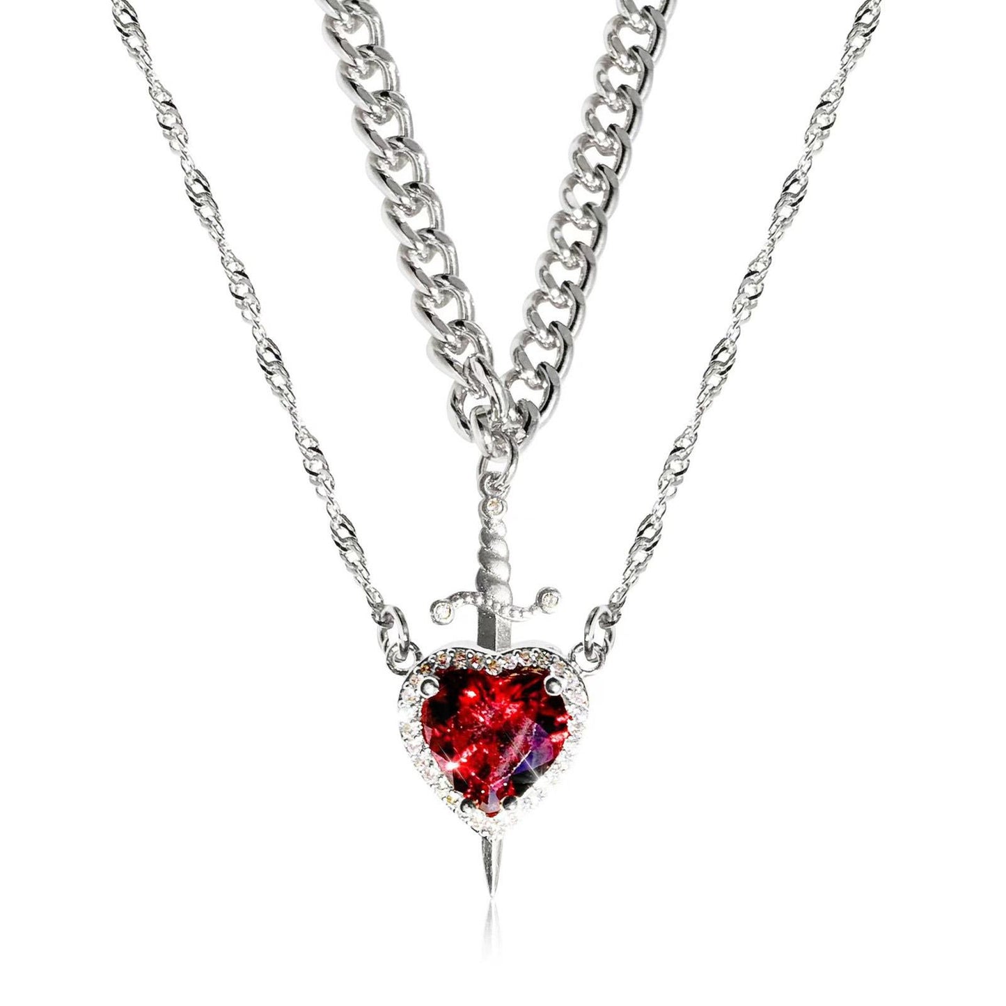 Layered Heart Sword Pendant Necklace