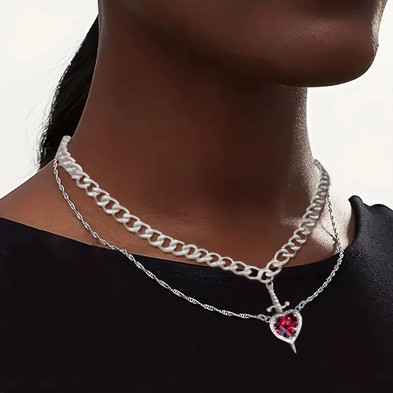 Layered Heart Sword Pendant Necklace